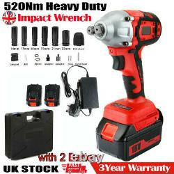 520Nm 1/2 Heavy Duty Cordless Impact Wrench Driver Rattle Nut Gun With 2 Battery
