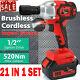 520nm Impact Wrench 1/2 Electric Drill Combi Cordless Brushless Driver + Battery