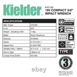 Kielder KWT-002-17 18V 3/8 220Nm Brushless Impact Wrench 2x 2.0Ah Batteries Char