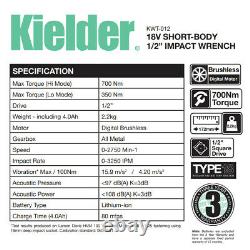 Kielder Kwt-012-05 18v 1/2 700nm Clé D'impact, Batterie, Chargeur Et Boîtier